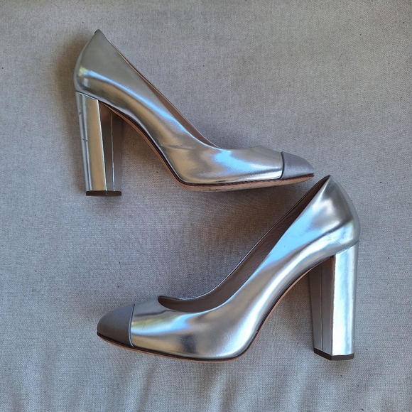 J. Crew Silver Pumps High Heels Cap Toe - Picture 2 of 8